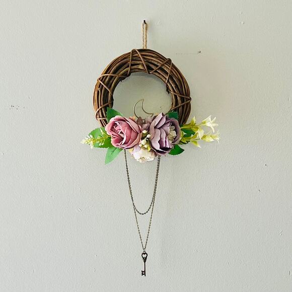 Handmade Floral Mini Wreath with Crystals, Moon & Chain Drop 6” Purple Pink - Picture 1 of 7